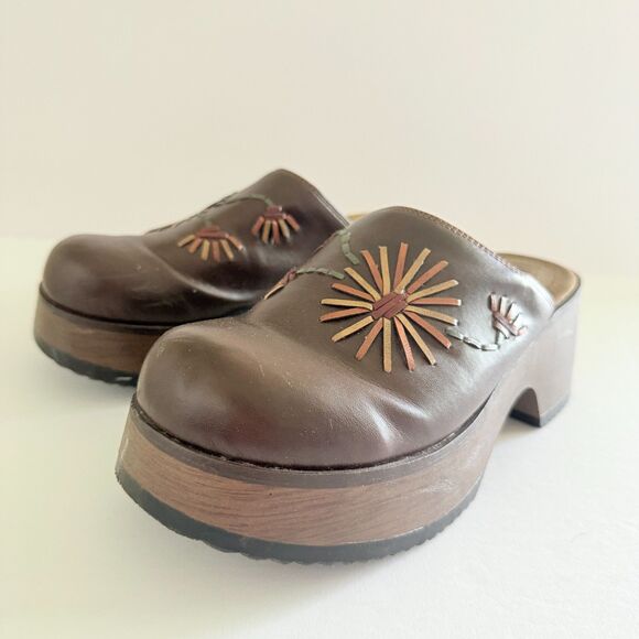 VTG Y2K Lower East Side Brown Faux Leather Chunky Clogs Sz 7.5 - Picture 2 of 8